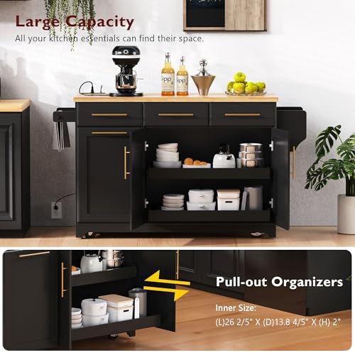 Black Farmhouse Kitchen Island with Drop Leaf, Barn Door, 3 Drawers, Adjustable Shelf, Spice Rack, 56" E152