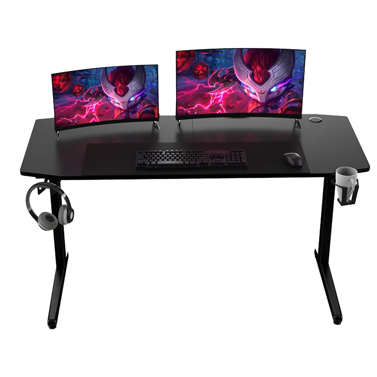 Black Ergonomic Gaming Desk with Headphone Holder, Cup Holder, Mouse Pad G805