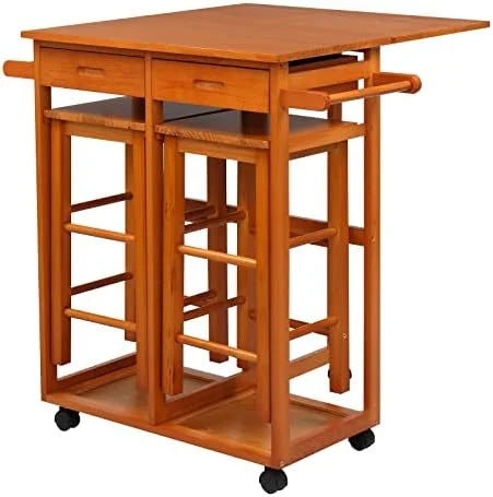 Drop Leaf Solid Wood Table and Stool Set with 2 Drawers L1972