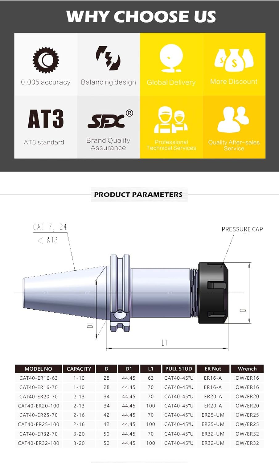 CAT40 ER32 70mm Tool Holder with Pull Studs and Collet Chuck D522072