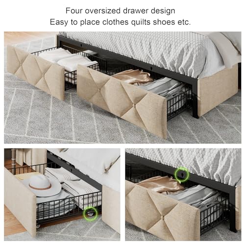 Light Grey Twin Upholstered Platform Bed Frame with 3 Storage Drawers Y1694