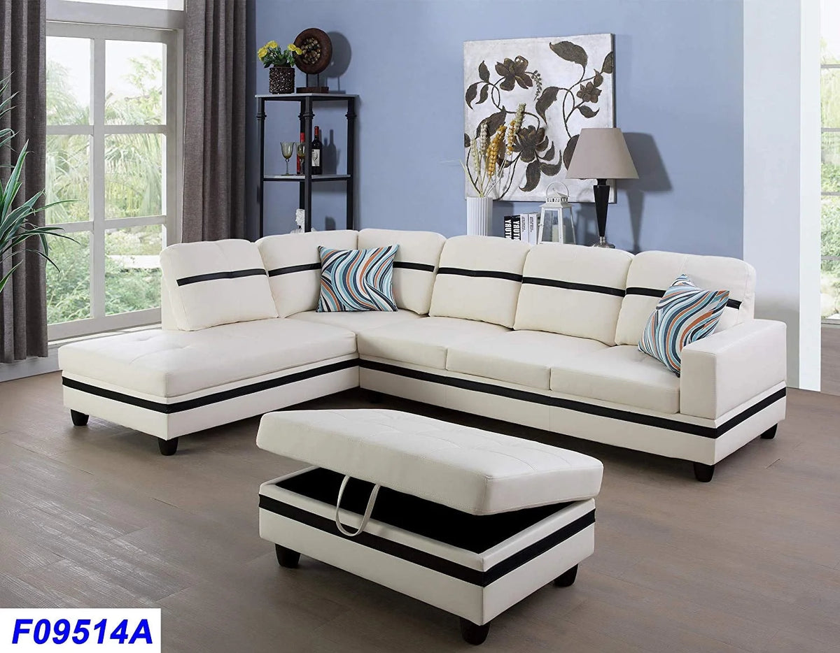 Cream White Black Stripe Left Hand Facing Sectional Sofa Set Z929