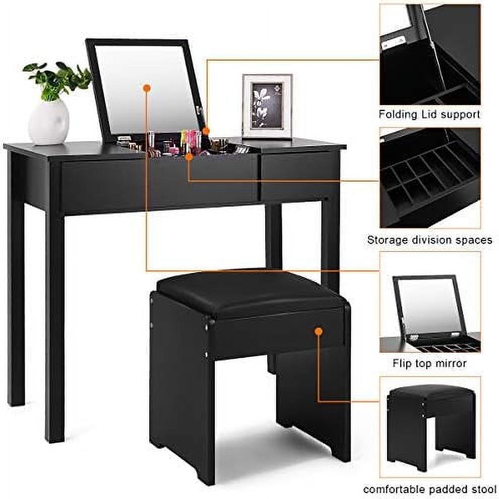 Black Vanity Set with Flip Top Mirror and Cushioned Stool Q4799