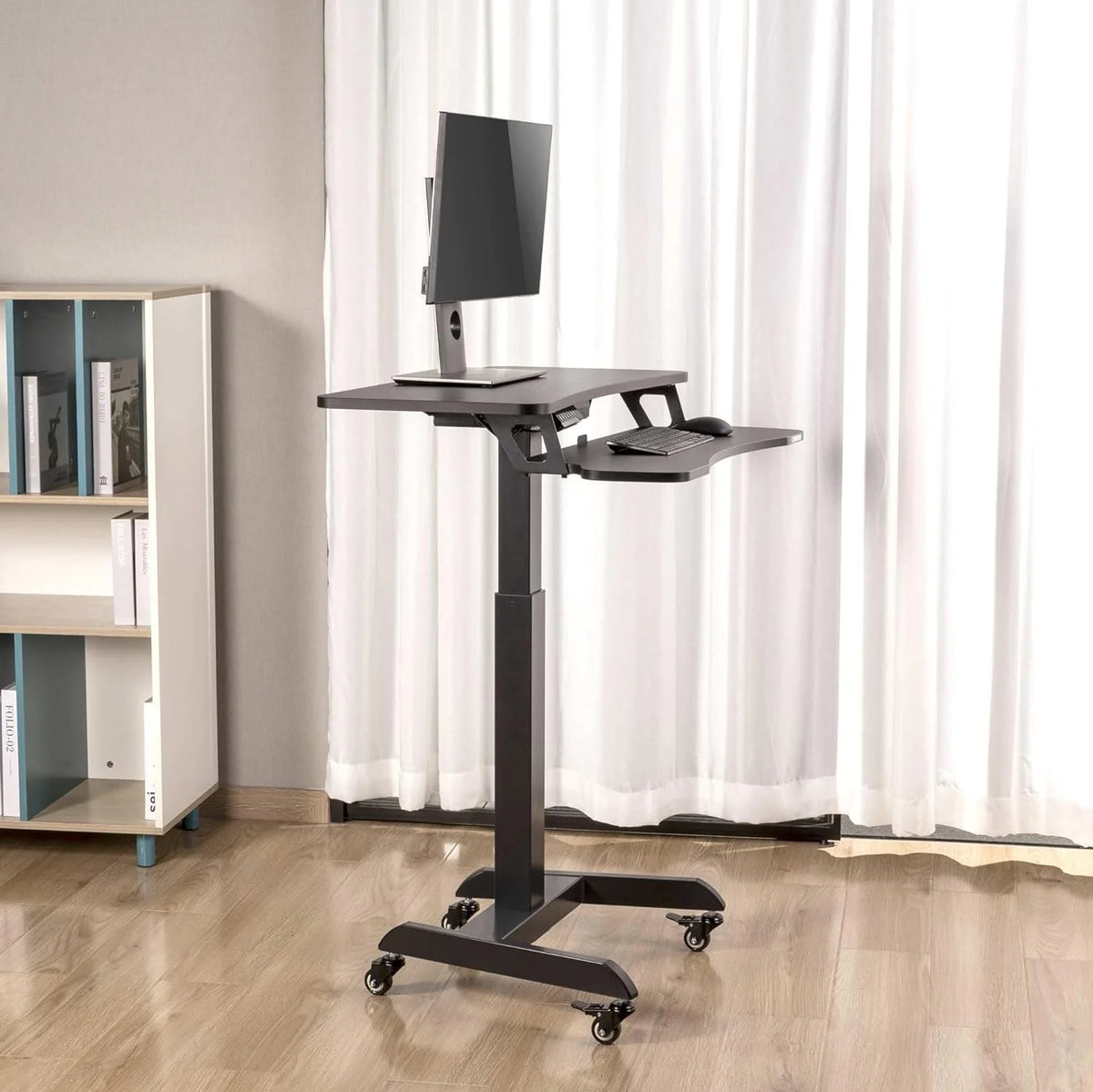 Height Adjustable Rolling Electric Podium Desk with Wheels, Keyboard Tray, Black I2708