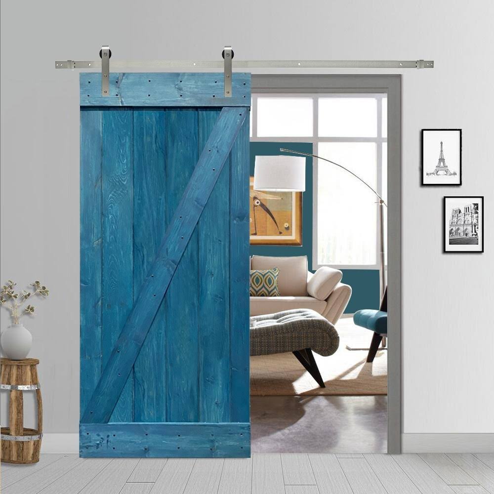 30 in. x 84 in. Ocean Blue Stained Wood Interior Sliding Barn Door with Hardware Kit G73955