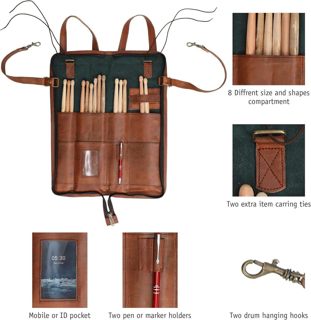 Leather Drumstick Bag Holds 10-12 Pairs Brown Z1365