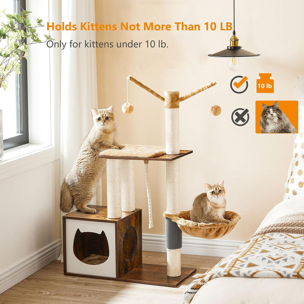 Rustic Brown Wooden Cat Tree with Scratching Posts J18425