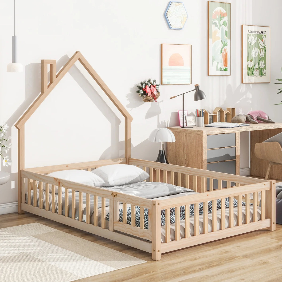 Grey Twin Size Wood Floor Bed with Fence A302211