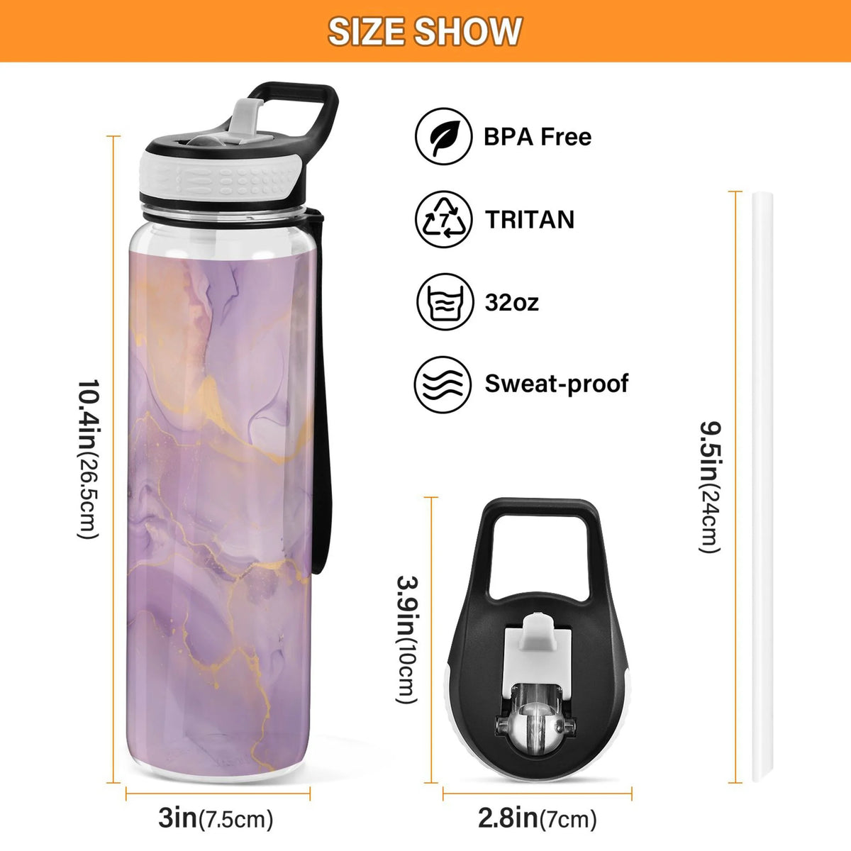 Purple and Gold Marble 32oz Tritan Leakproof Water Bottle with Straw S7693