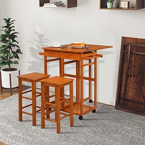 Drop Leaf Solid Wood Table and Stool Set with 2 Drawers L1972