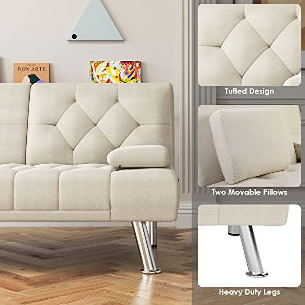 Dark Grey Upholstered Convertible Futon Sofa Bed with Metal Legs I1489