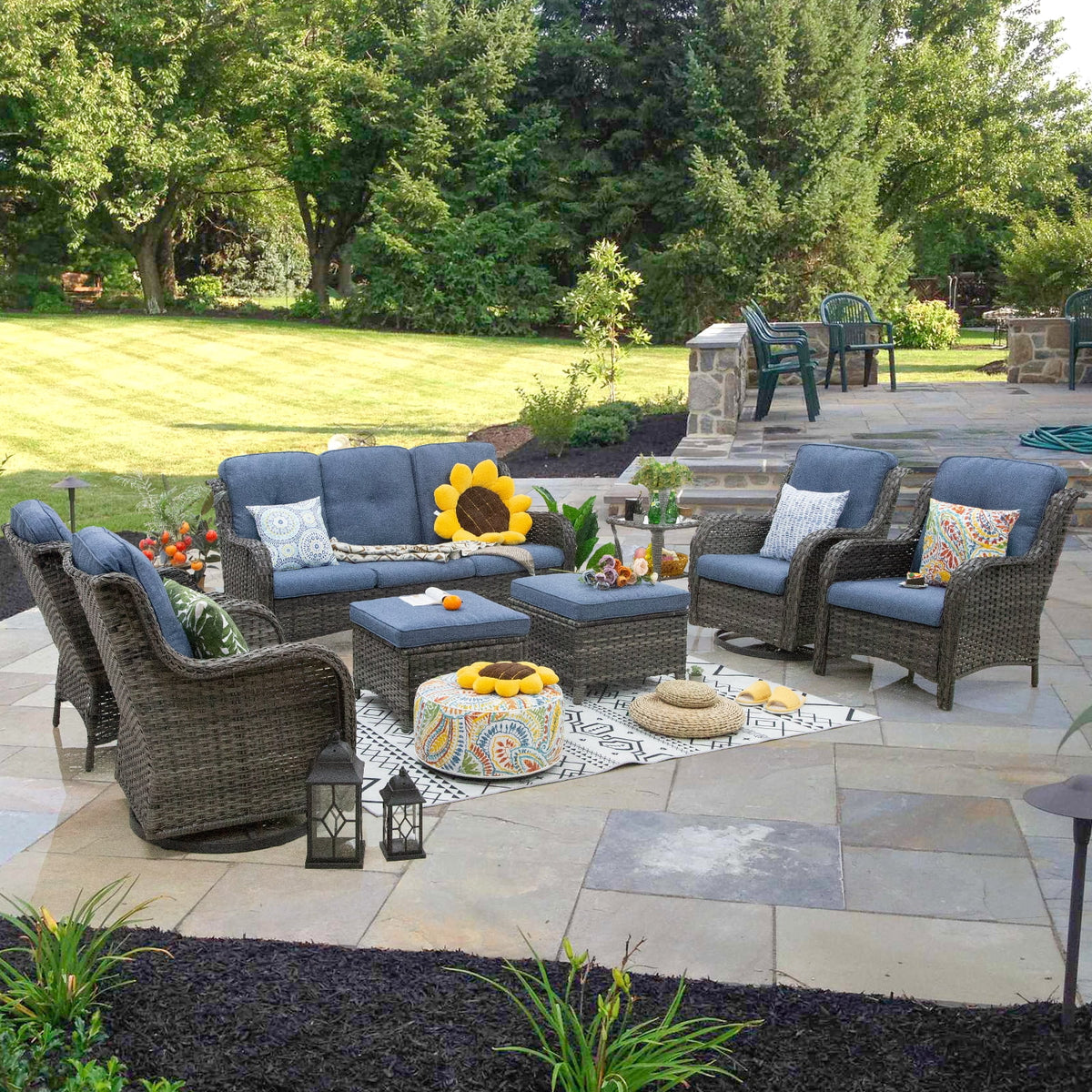 8 Pieces Outdoor Furniture Set with 3-Seat Sofa Swivel Rocking Chairs P4580