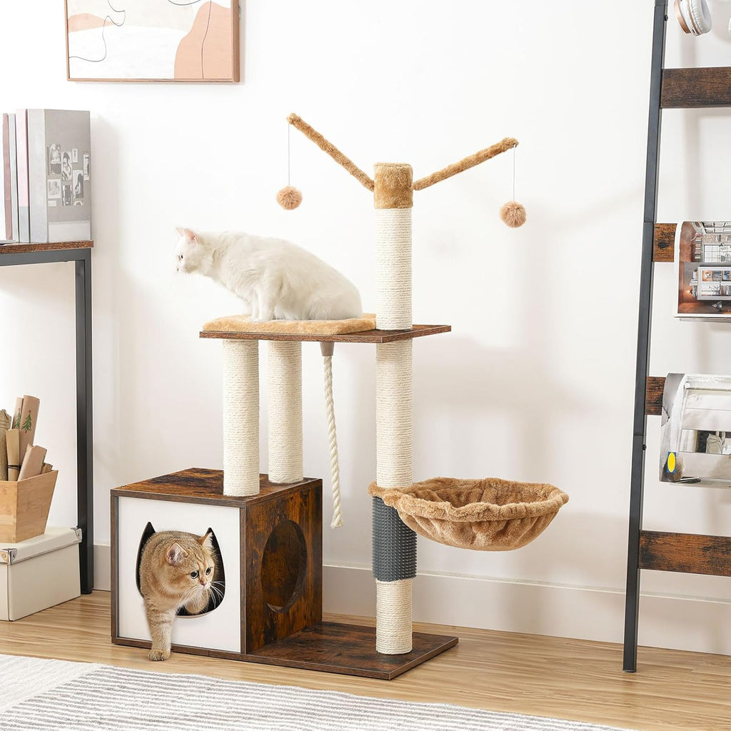 Rustic Brown Wooden Cat Tree with Scratching Posts J18425