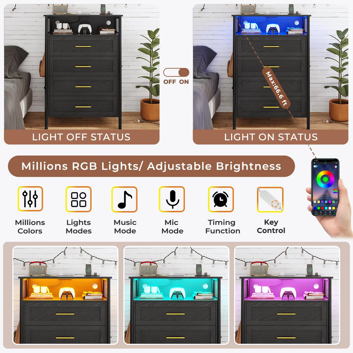Black 4 Drawer Dresser with Charging Station D3163
