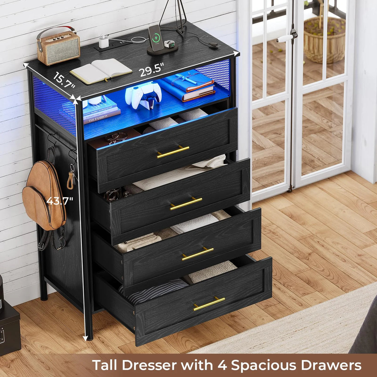 Black 4 Drawer Dresser with Charging Station D3163