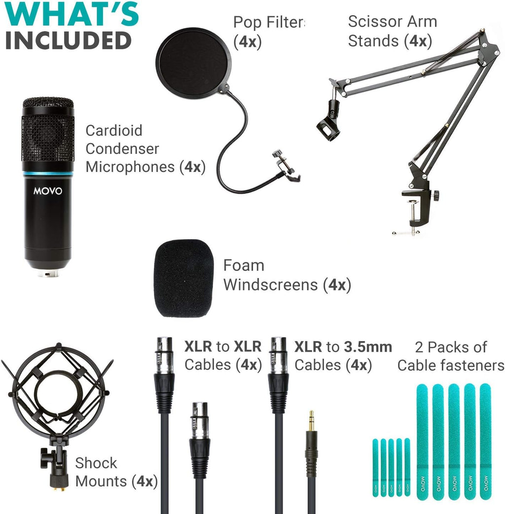 4-Pack XLR Condenser Microphone Bundle with Cardioid Mics, Desk Mount Stands, Shock Mounts, Pop Filters, and Audio Cables W82003