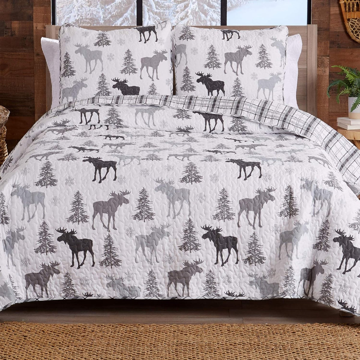 Forest Green 3-Piece Reversible Quilt Set with 2 Shams F294958