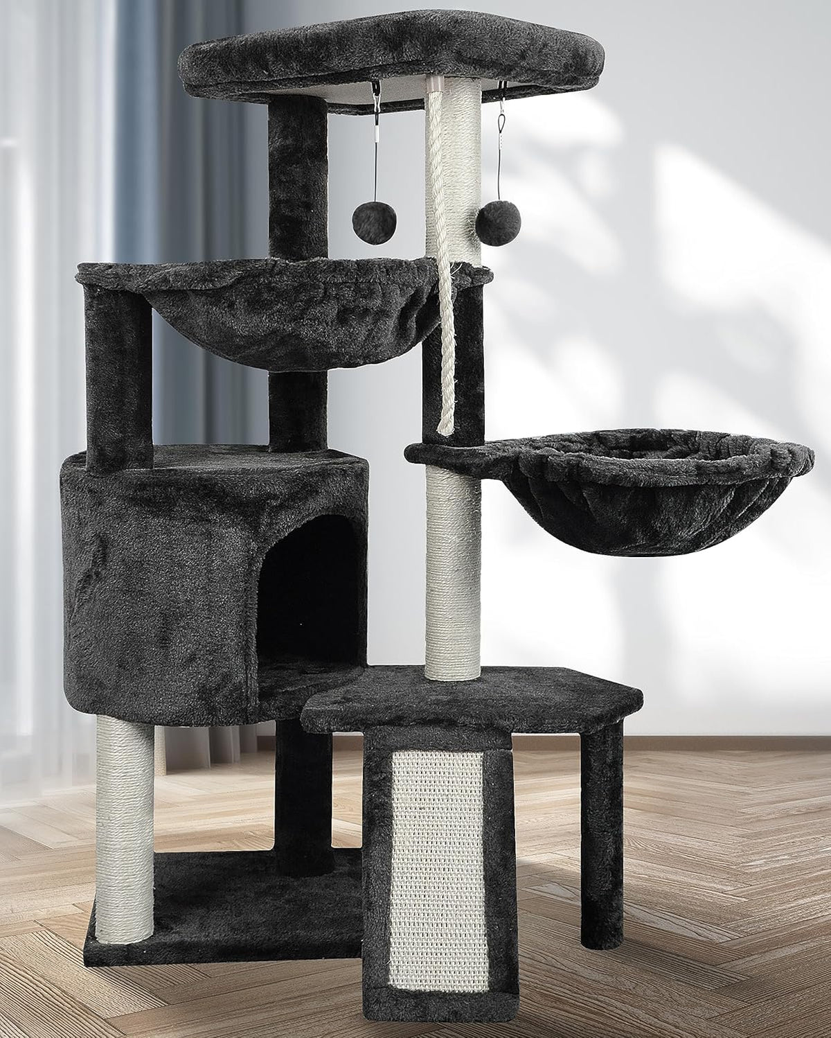 Darkgray Cat Tree with Cat Condo and Two Hammocks H928080