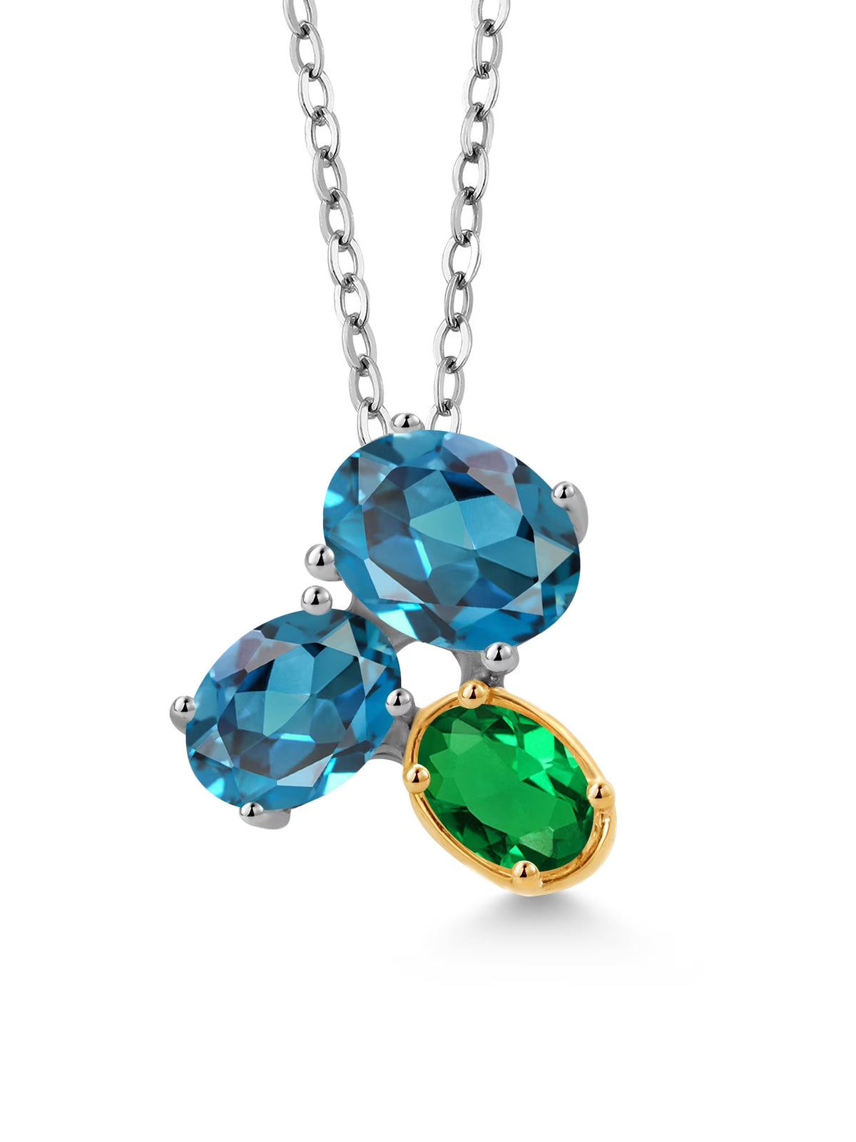 925 Silver 10K Yellow Gold London Blue Topaz Green Nano Emerald Pendant Necklace with 18 inch Chain F536