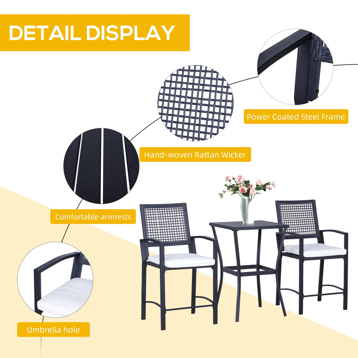 3 Pcs Rattan Wicker Patio Bar Set with Cushion U6159
