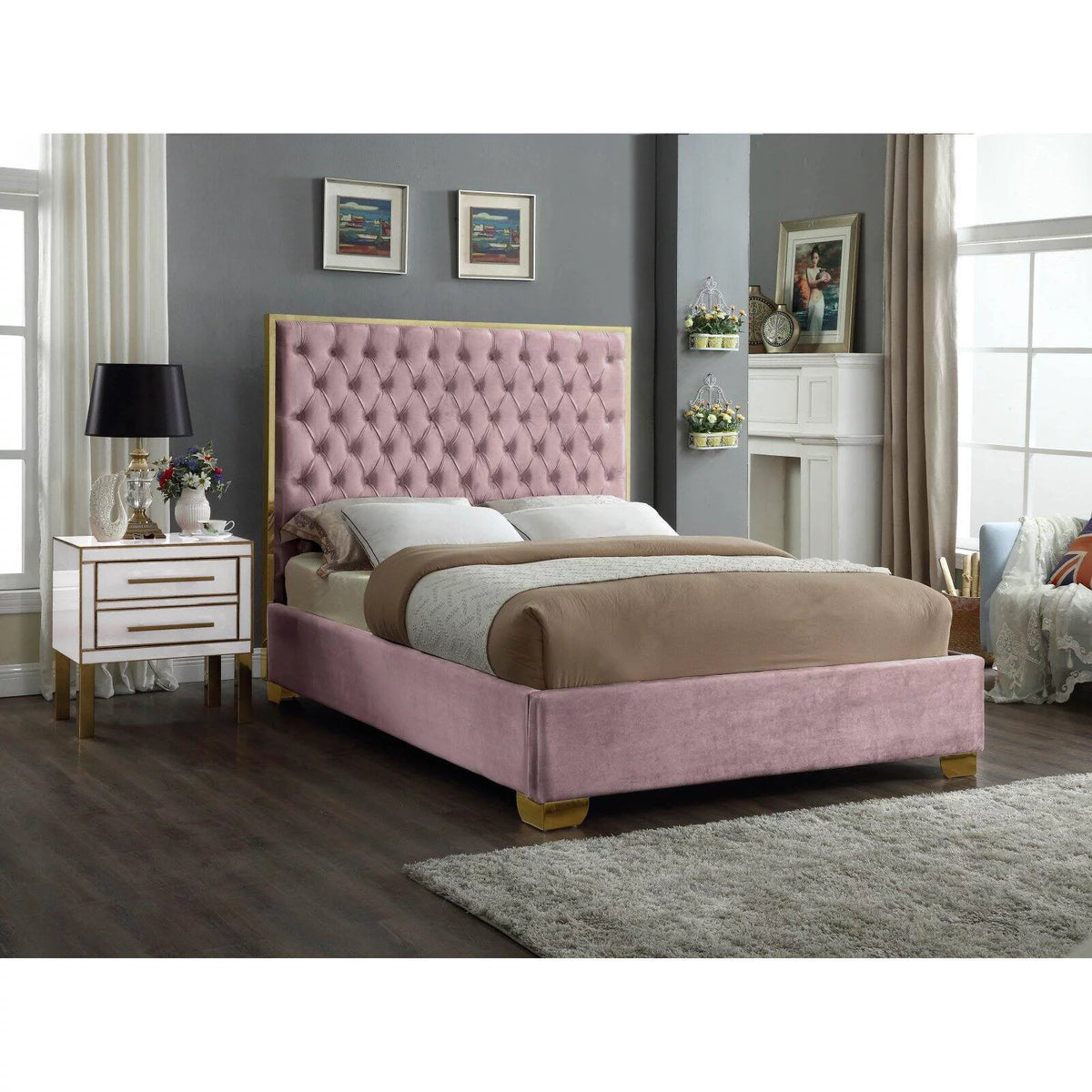 Solid Wood and Velvet King Bed in Navy E814832