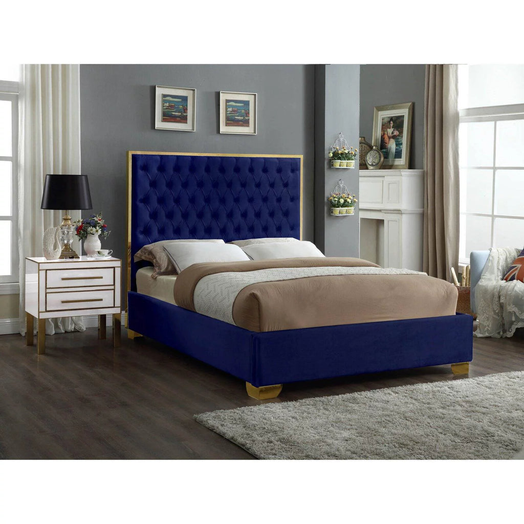 Solid Wood and Velvet King Bed in Navy E814832
