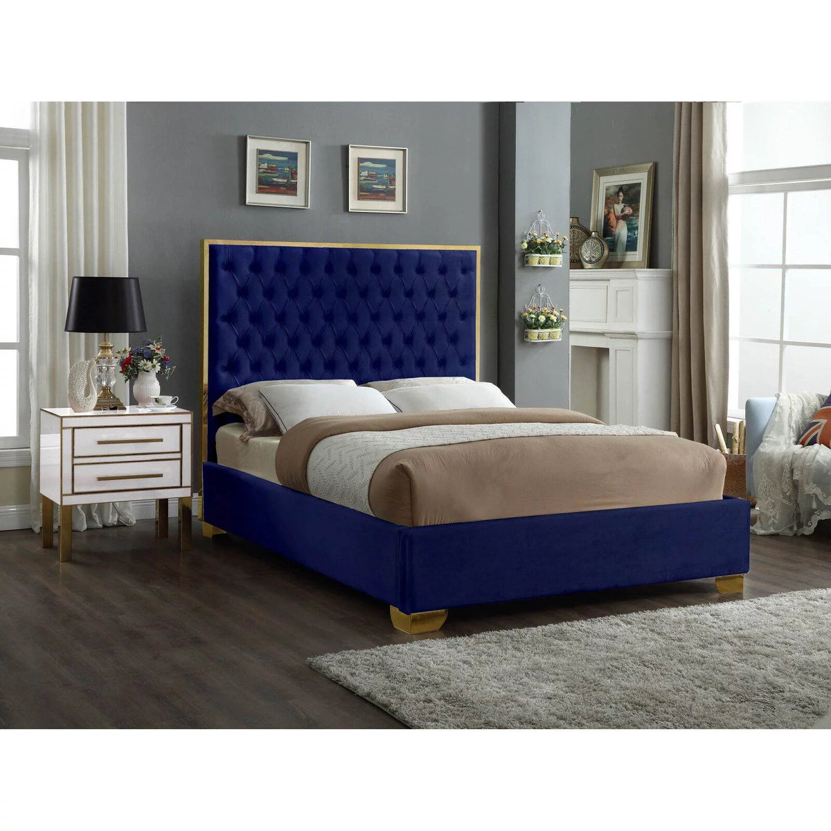 Solid Wood and Velvet King Bed in Navy E814832