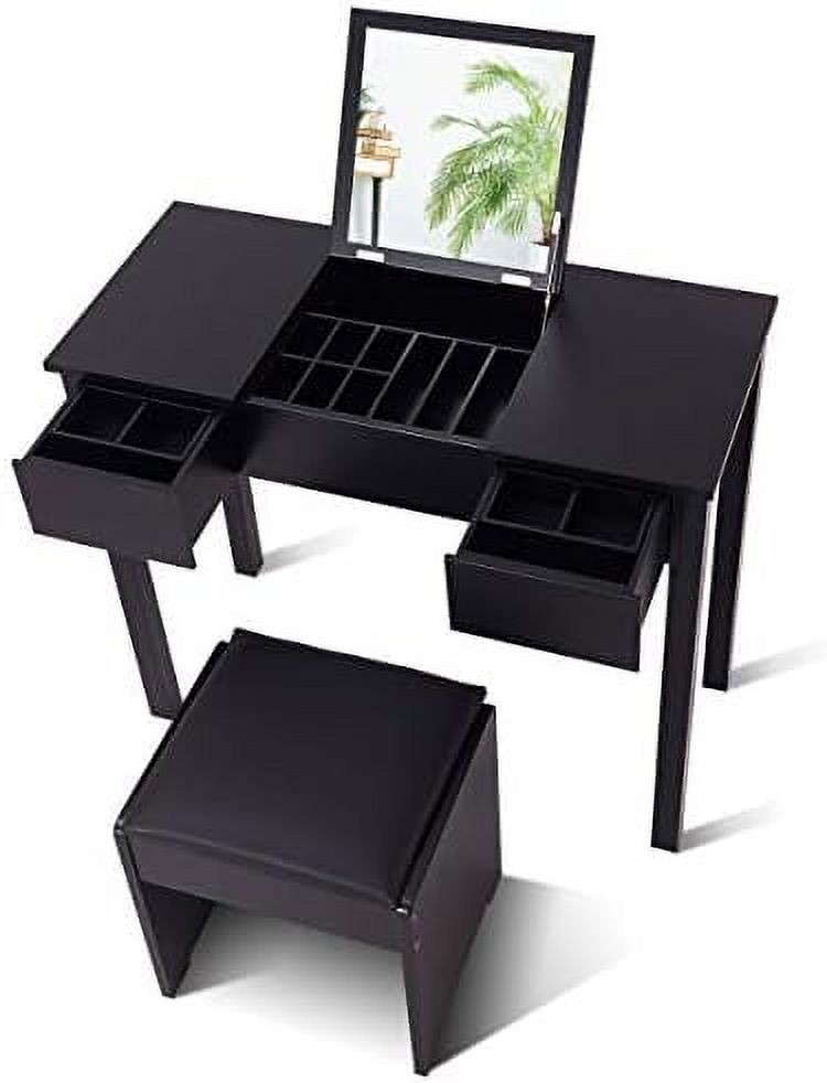 Black Vanity Set with Flip Top Mirror and Cushioned Stool Q4799