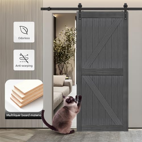 20 in x 84 in Elephant Gray Solid Wood Barn Door with Sliding Door Hardware Kit O13126