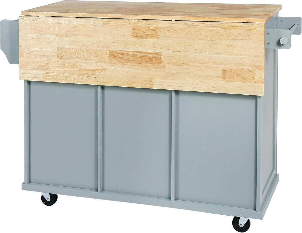 Blue Kitchen Cart with Rubber Wood Drop-Leaf Countertop V12662