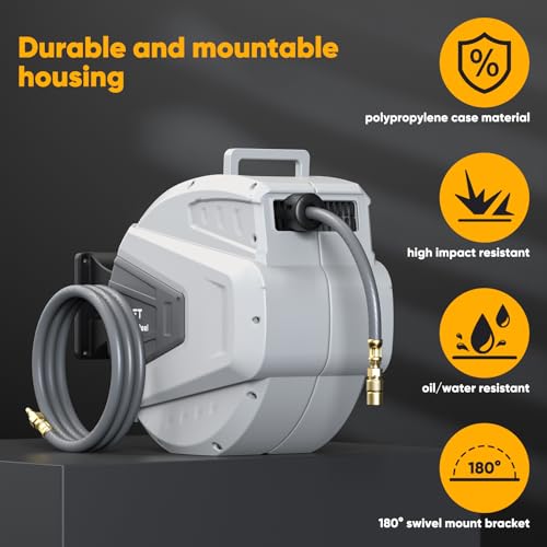 3/8 in x 65 Ft Heavy Duty Retractable Air Hose Reel with 180° Swivel Mount, 300 PSI E969854