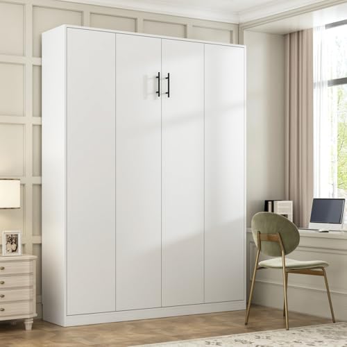 White Queen Size Murphy Wall Bed Cabinet Foldable Platform Bedframe V22441