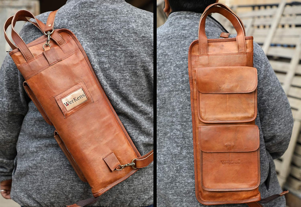 Leather Drumstick Bag Holds 10-12 Pairs Brown Z1365