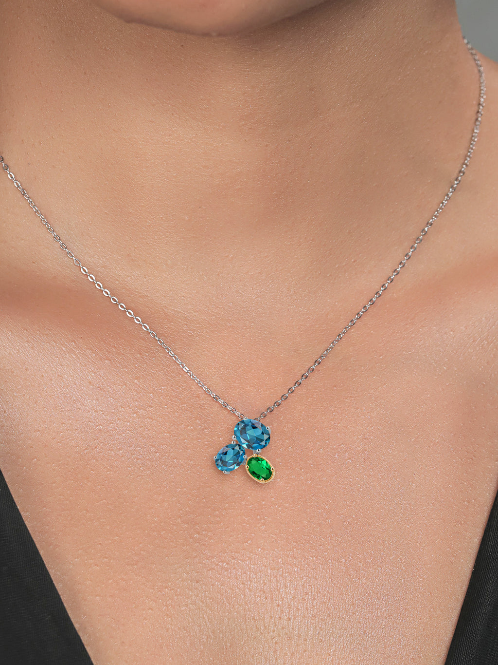 925 Silver 10K Yellow Gold London Blue Topaz Green Nano Emerald Pendant Necklace with 18 inch Chain F536