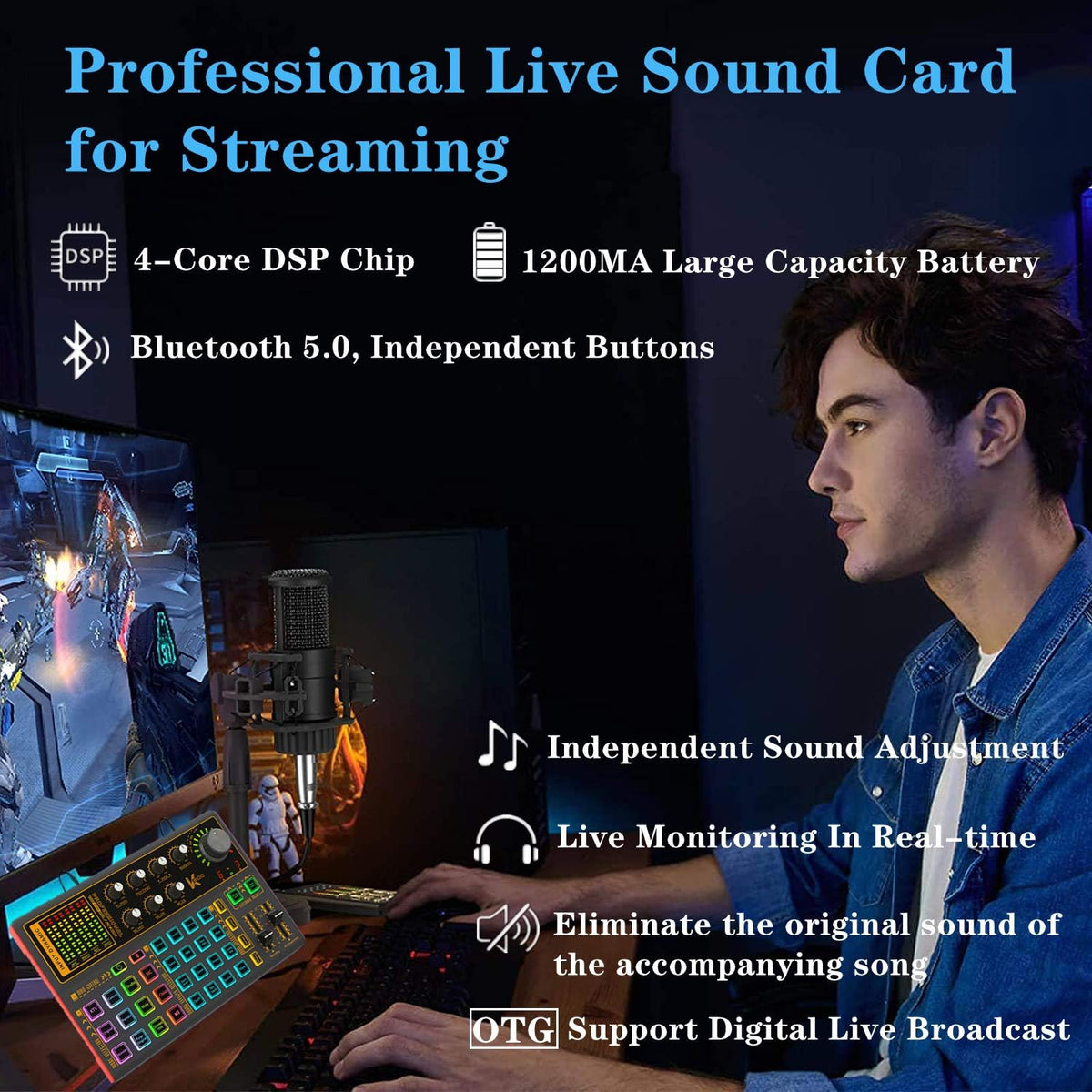 Professional Audio Mixer Sound Card with DJ Mixer Effects, Voice Changer and LED Light, Pack of 2 W2051