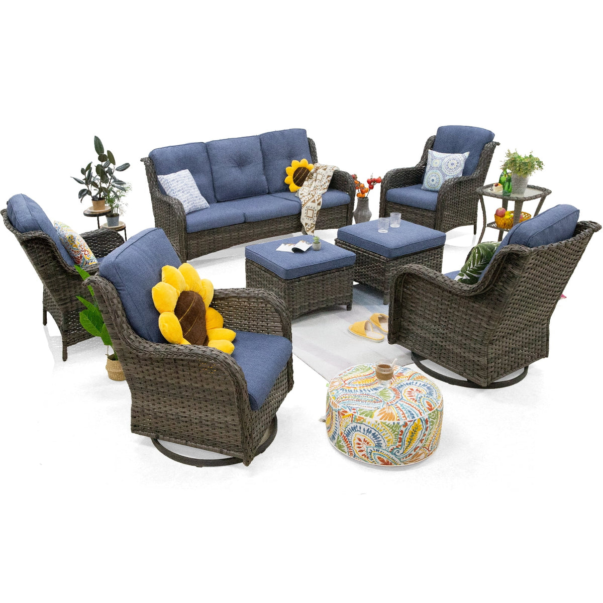 8 Pieces Outdoor Furniture Set with 3-Seat Sofa Swivel Rocking Chairs P4580