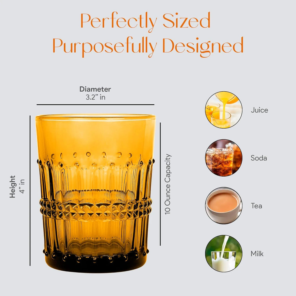 10 Oz Embossed Amber Beaded Whiskey Glasses Set Of 4 Z48653