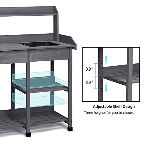 Natural Wood Potting Bench with Sink Drawer Rack Shelves P6531