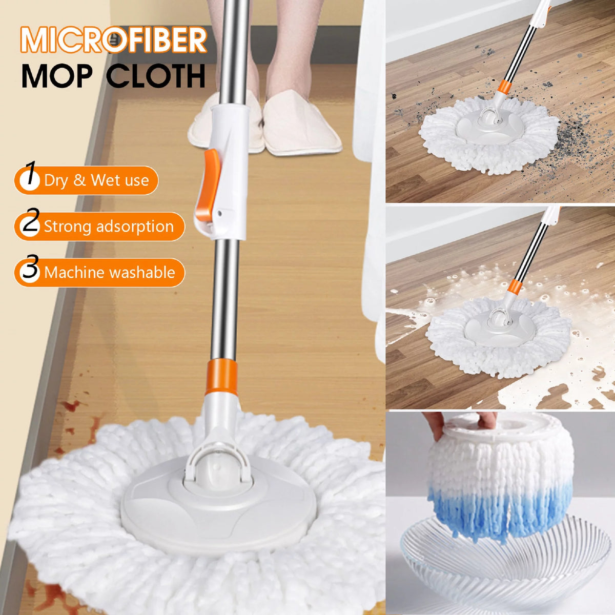 Spin Mop and Bucket System with Wringer Set, 6 Microfiber Mop Heads I313978
