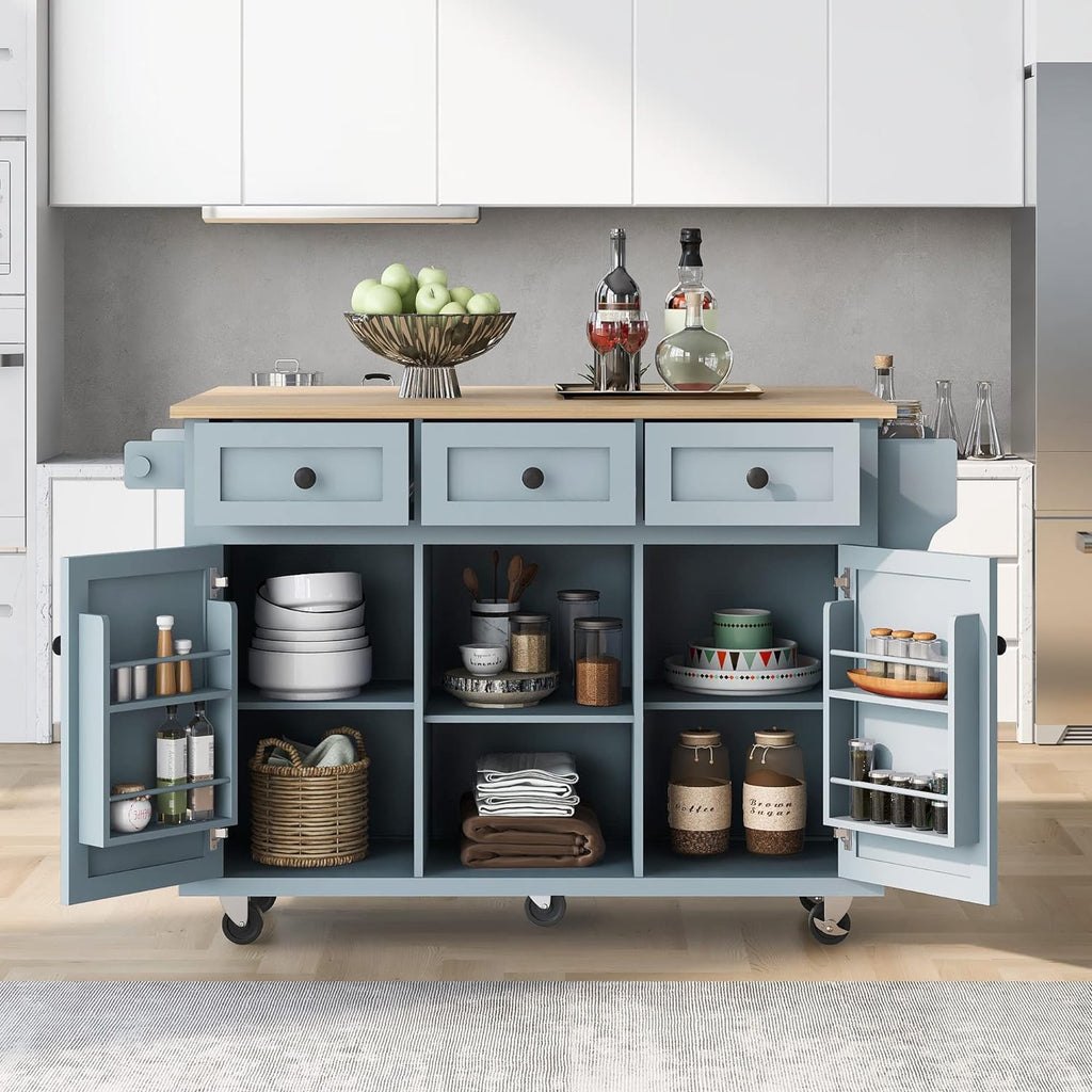 Blue Kitchen Cart with Rubber Wood Drop-Leaf Countertop V12662