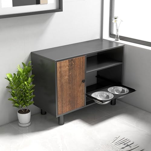 Large Pet Feeder Station with Stainless Steel Double Pull Out Raised Dog Bowls S572153