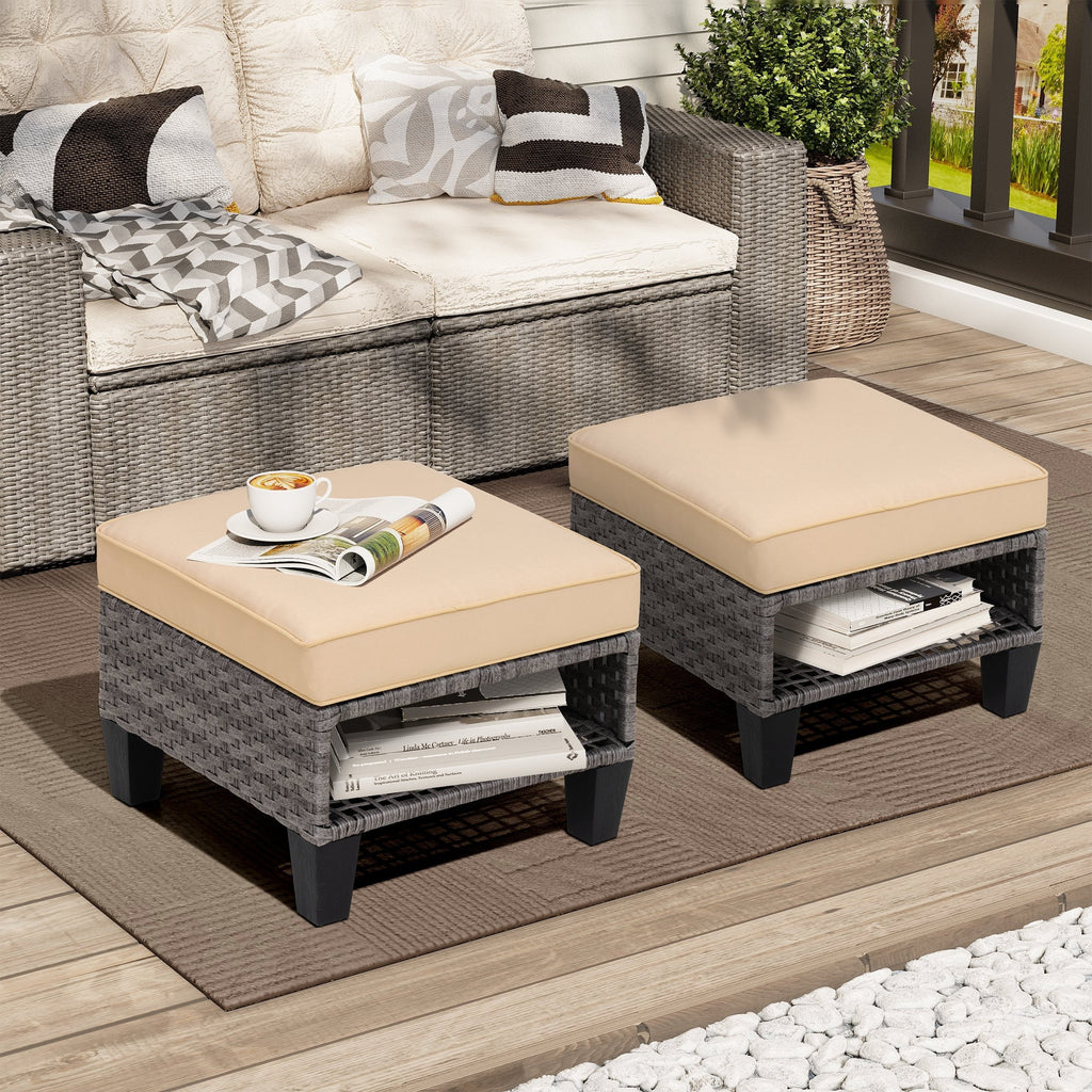 Square Rattan Storage Ottomans Set of 2 with Cushion F3282
