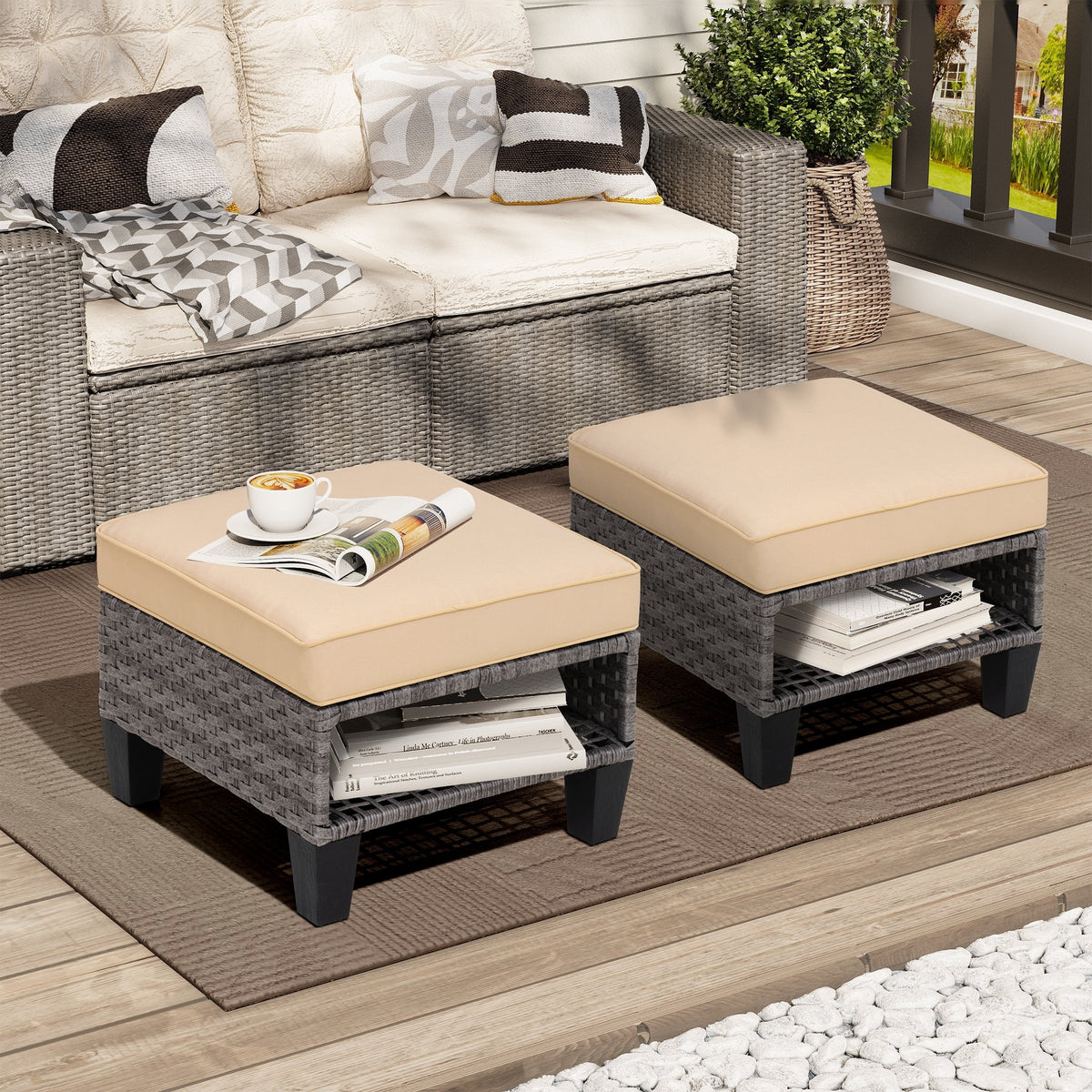 Square Rattan Storage Ottomans Set of 2 with Cushion F3282