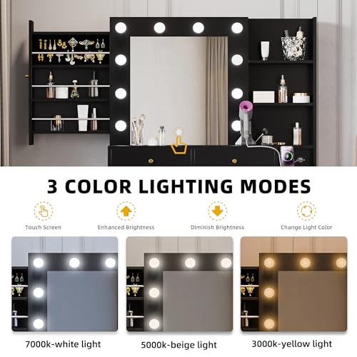Black Makeup Vanity Desk with Mirror and Stool Q92945