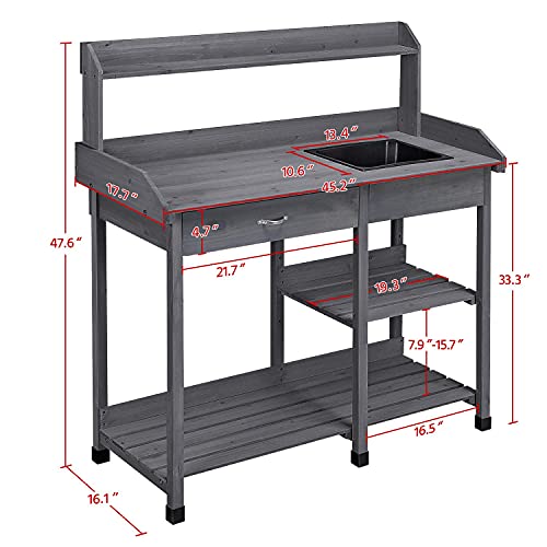 Natural Wood Potting Bench with Sink Drawer Rack Shelves P6531
