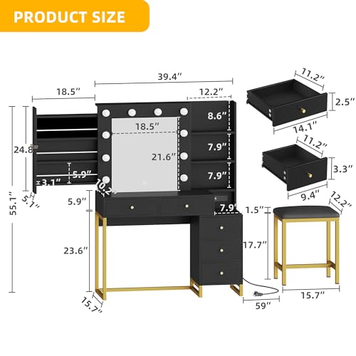 Black Makeup Vanity Desk with Mirror and Stool Q92945