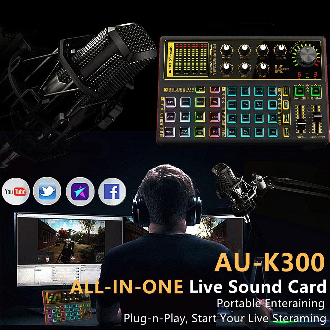 Professional Audio Mixer Sound Card with DJ Mixer Effects, Voice Changer and LED Light, Pack of 2 W2051