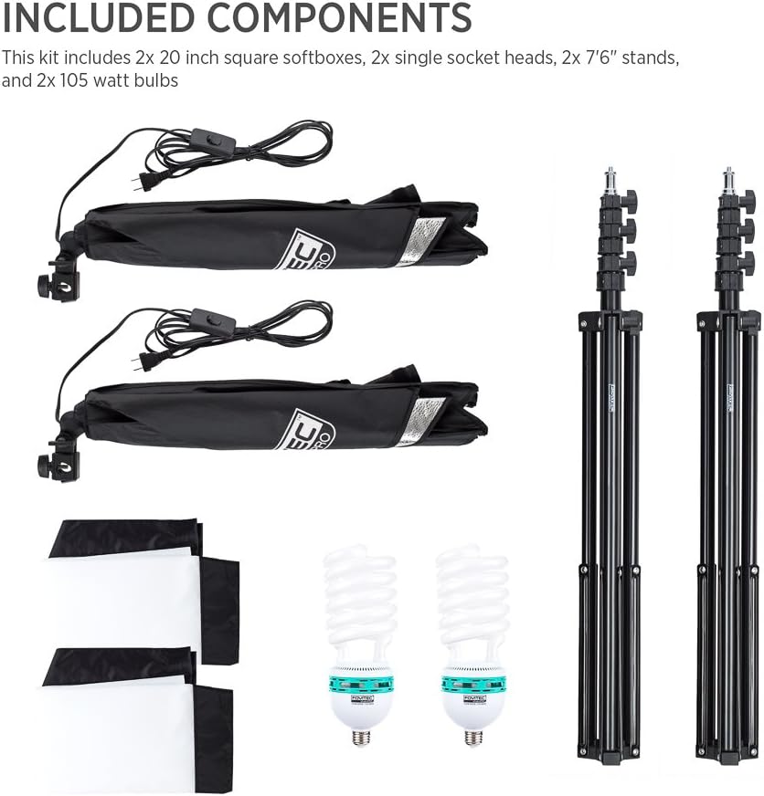 2-Light Fluorescent Studio Lighting Kit with 20"x20" Softboxes, 105W Bulbs & Light Stands A957499