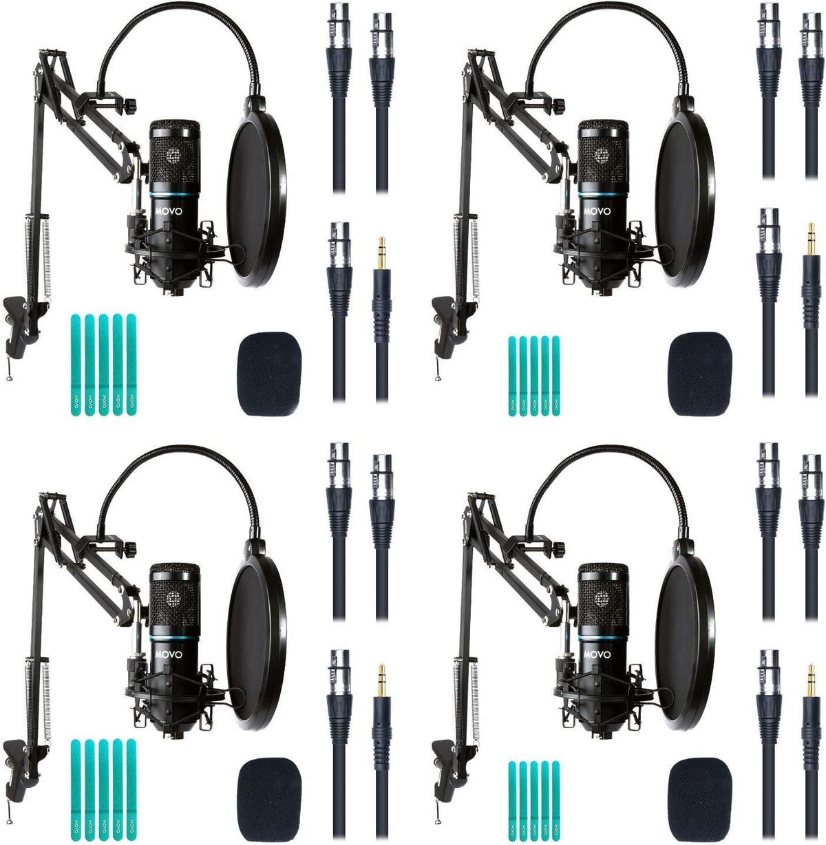 4-Pack XLR Condenser Microphone Bundle with Cardioid Mics, Desk Mount Stands, Shock Mounts, Pop Filters, and Audio Cables W82003