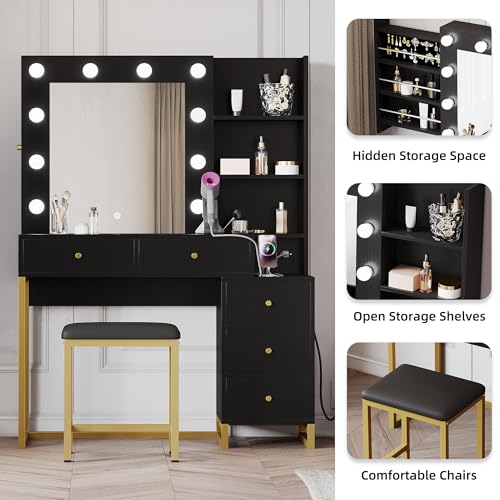 Black Makeup Vanity Desk with Mirror and Stool Q92945
